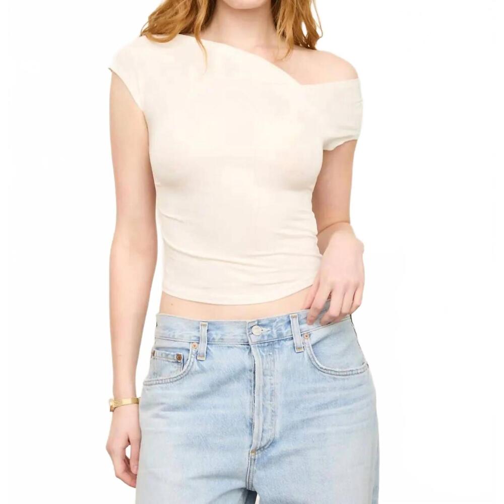 NEW THE WORKSHOP asymmetrical wrap neckline knit top in cream